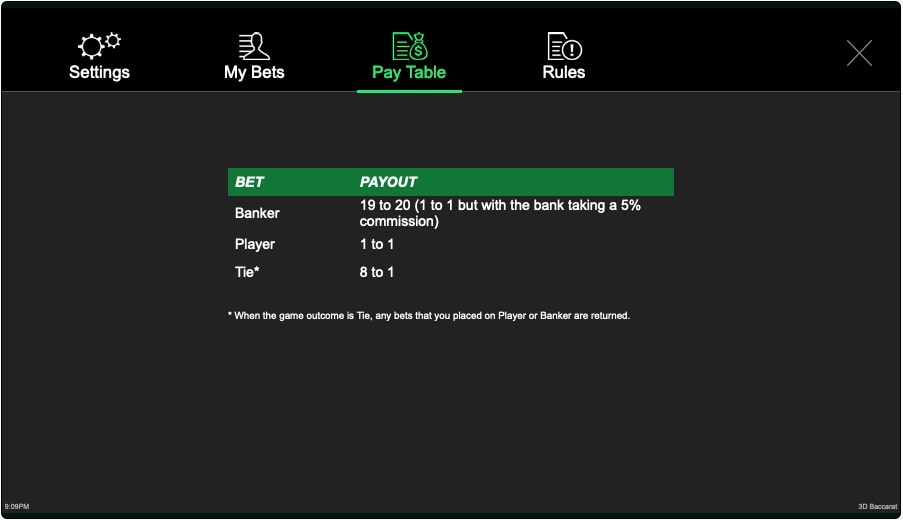 3D Baccarat Paytable